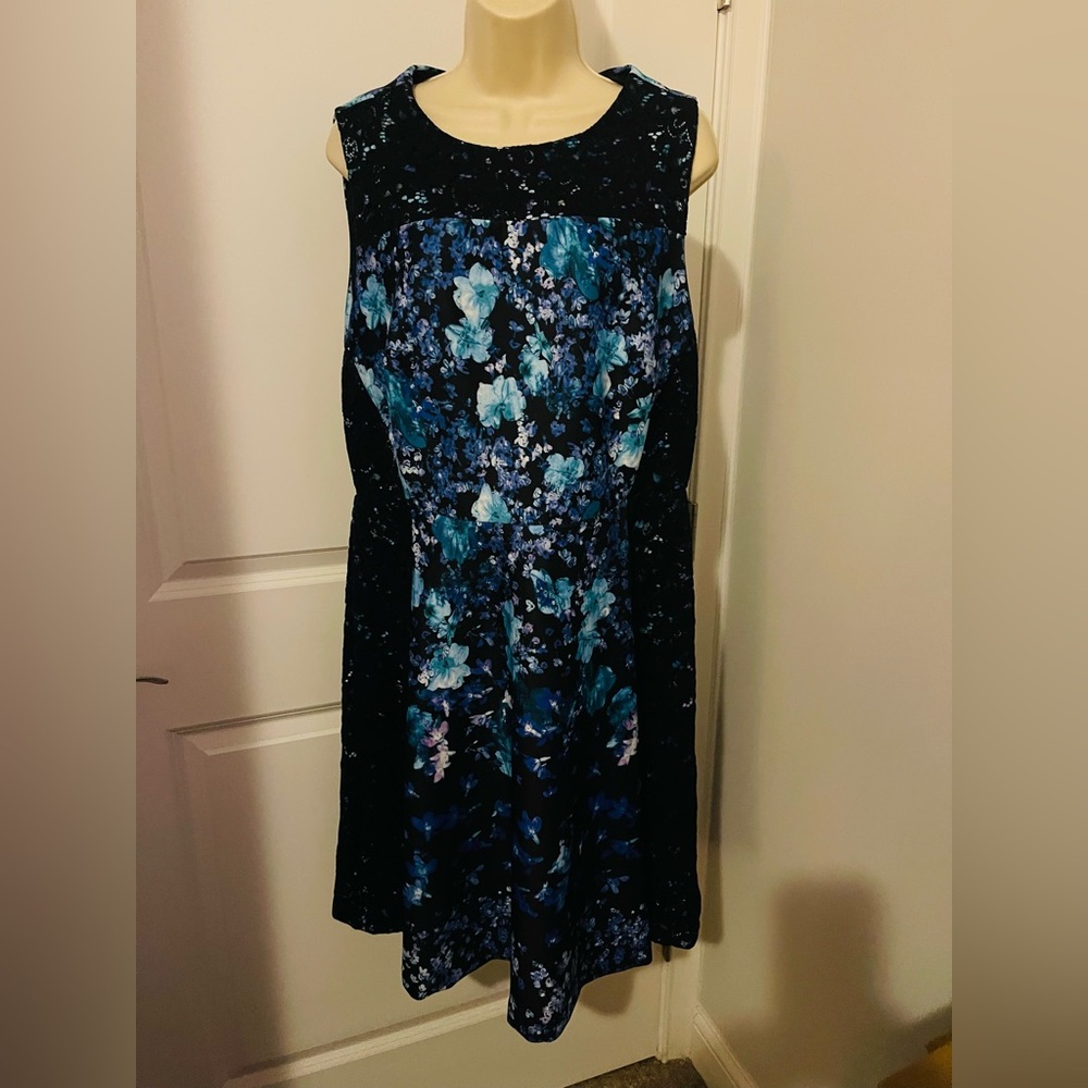 Roz & Ali Dressbarn Black Blue Floral Fit & Flare Scuba Sleeveless Dress 14